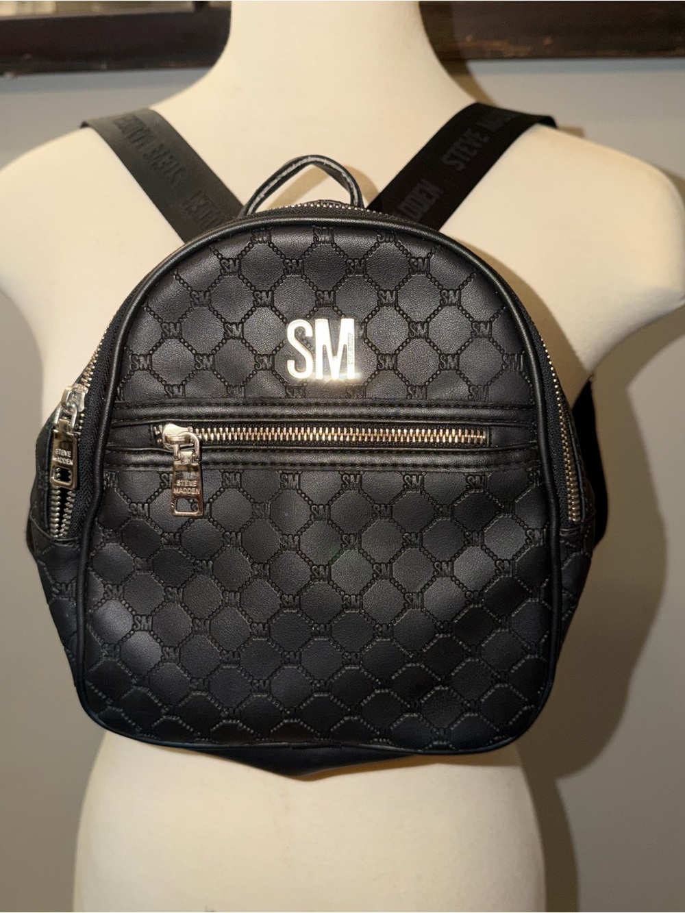 Steve Madden Black Mini Backpack with Silver Zippers
